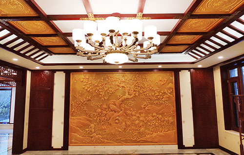 雄关区中式别墅客厅中式木作横梁吊顶装饰展示